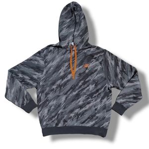 Nike Hoodie, black and grey camo print, with bright orange drawstrings